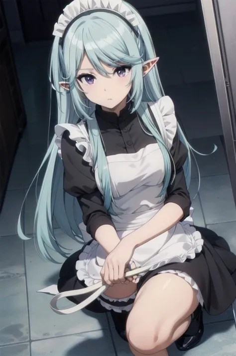 best quality, blue hair,,long hair,purple eyes,pointy ears,elf,,masterpiece, highres, solo, (maid:1.40), (long maid dress:1.15), anime_style, 14
