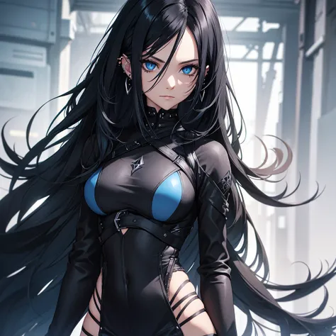 Female with a long black hair and blue eyes wearing black vigilant clothes, piercings and tattoos 