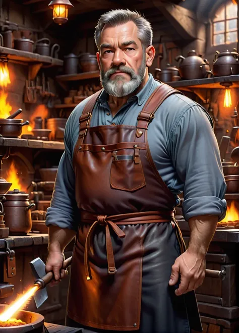 dwarf blacksmith, (old muscular male: 1.5), (gray beard: 1.8), (serious look: 1.5), muscular, (blacksmith clothing and leather apron: 1.5), smithy workshop background, smithing weapon, full shot, ((looking at viewer:1.2), (from side:0.8)), athletic, volume...