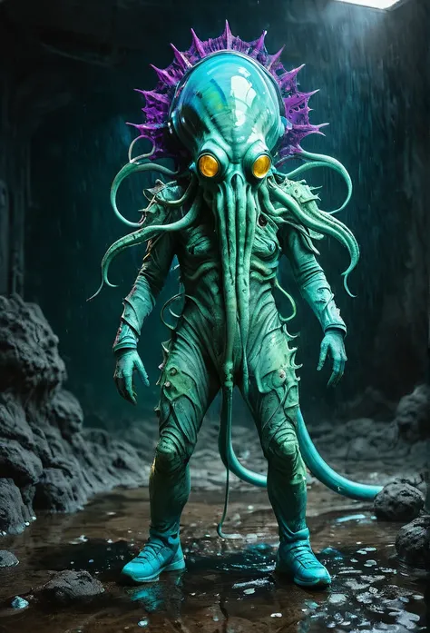 8K, ARTISTIC photogrAphy, best quAlity, mAsterpiece: 1.2), A (potrAit:1.2) ASTRONAUT Cthulhu,(( full body shot)), RAW candid cinema, cyan hair, 16mm, color graded portra 400 film, remarkable color, ultra realistic, sad admosphere, dark lighting, oppressive...