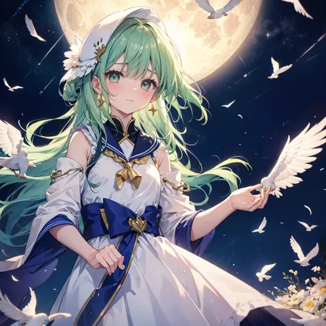 ((fluffy feathers　Crying face　Shining Tears　suffering)，((White Dove　Big full moon))，(End of the Galaxy　shooting star　Drop shoulder　Sailor suit　Shiny Earrings　Green Hair　Long Hair)，　Have　Sleep on your back　look up　Reaching out