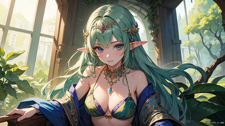 Elf、Official Art,(最high quality, masterpiece:1.2), Portrait Photography、1 Girl, 最high quality, masterpiece, High resolution, [purple|Sliver|green] _hair, Bikini accessories, necklace, jewelry, Beautiful Face, I&#39;m looking forward to, Full body image, Re...