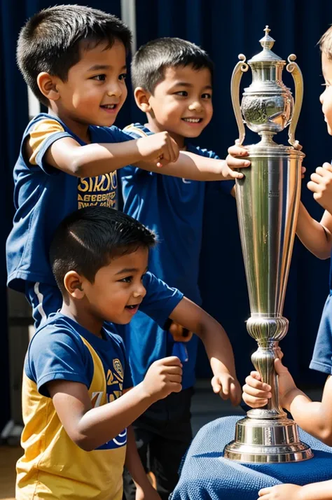 children conquering a trophy logo