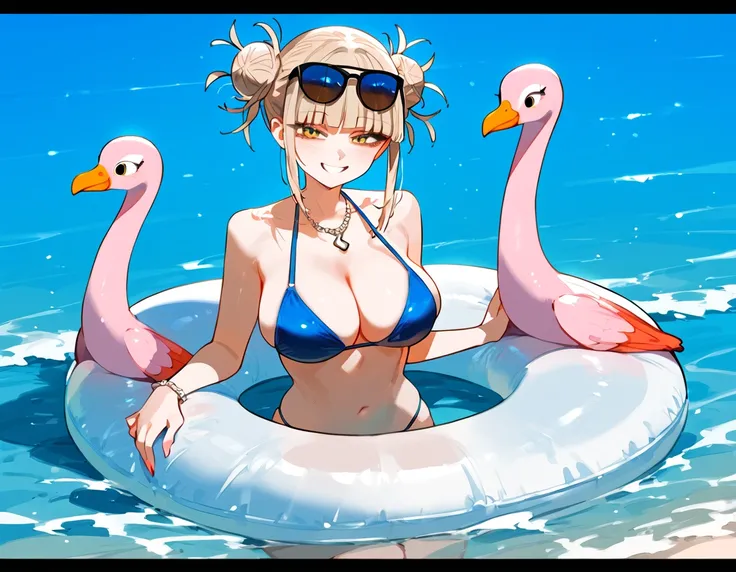 anime artwork, score_9, score_8_up, score_7_up, score_6_up, score_5_up, score_4_up, floox style    //////Himiko toga, big breasts, she is 24 years old, style_3, , , , naked, sunglasses, yellow eyes, solo, bikini , smile, in water, inflatable_flamingo, flam...