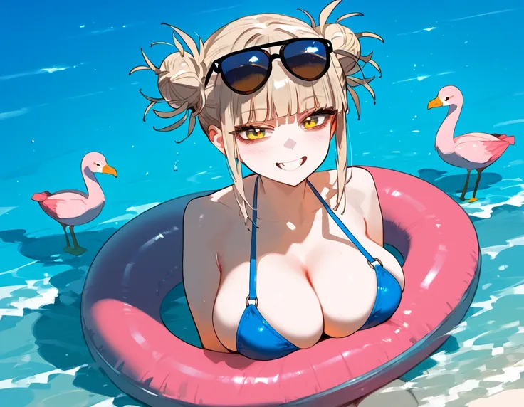 anime artwork, score_9, score_8_up, score_7_up, score_6_up, score_5_up, score_4_up, floox style    //////Himiko toga, big breasts, she is 24 years old, style_3, , , , naked, sunglasses, yellow eyes, solo, bikini , smile, in water, inflatable_flamingo, flam...