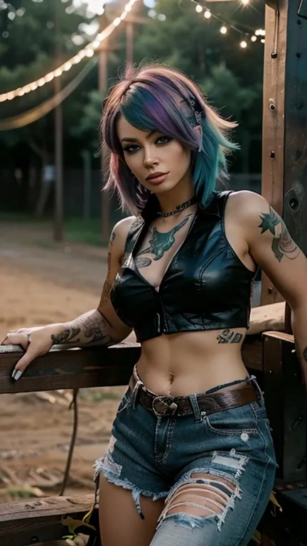 8k high resolution ultra detailed photography of a 35 year old punk woman with rainbow hair, 35 year old punk woman wears a cropped leather vest with tiger skin and jeans shorts with sexy leather chaps and cowboy boots, woman sits in full body pose on a wo...