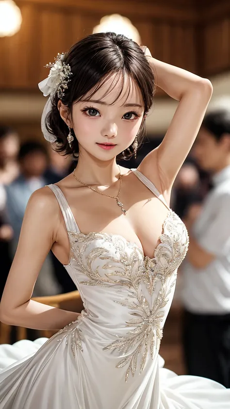 one piece wedding dress、beautiful young wife、super detailed、high resolution、detailed、particles of light:0.5、shiny and smooth ski...