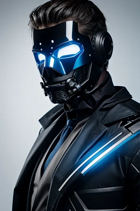 Close-up of a man in a black and blue suit., mask, cybernetic suit. White background image.Hold the katana.