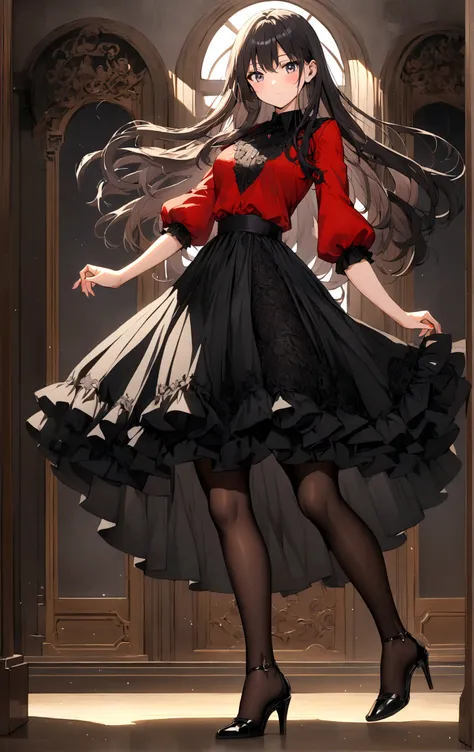 Anime, girl, long hair, wear red blus, black skirt, black long stocking/pantyhose, and black strappy high heel