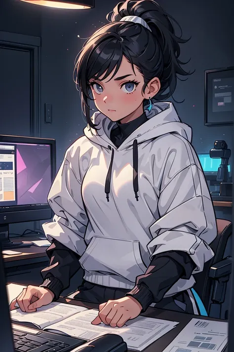 (masterpiece, best quality, detailed face, super detailed, advanced details, highest quality, high resolution, 8K) A cinematographic scene of a tomboy white skin girl, ponytail dark hair, grey eye color, wearing a black cap, black hoodie, black techwear cl...