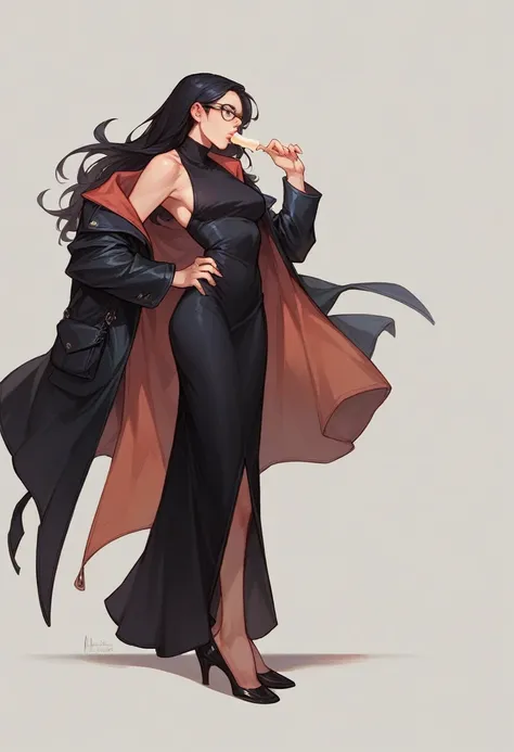 Tall girl,black dress, glasses,high heels,open coat , long hair, sucking popsicles ,ultra realistic, looking at the camera,close up