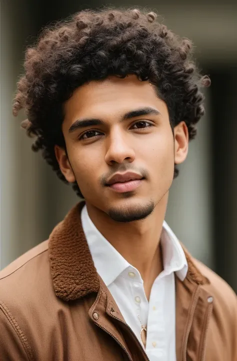 Young male with afro hair, tan perfect skin, goatee.