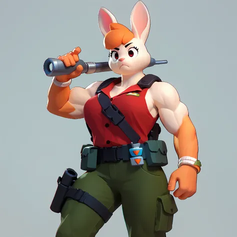 an anthropomorph carrot, in combat gear, military pants, muscular, bracelet with red button on the right hand