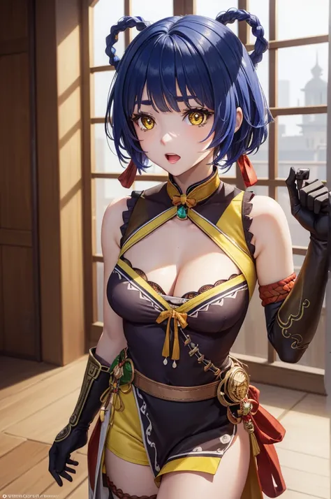 genshinxiangling, xiangling, blue hair, braid, braided hair rings, hair ornament, hair rings, hairclip, (yellow eyes:1.5), (small breasts:1.2), open mouth,
BREAK arm strap, bare shoulders, bell, belt, black footwear, black gloves, boots, brown belt, cleava...