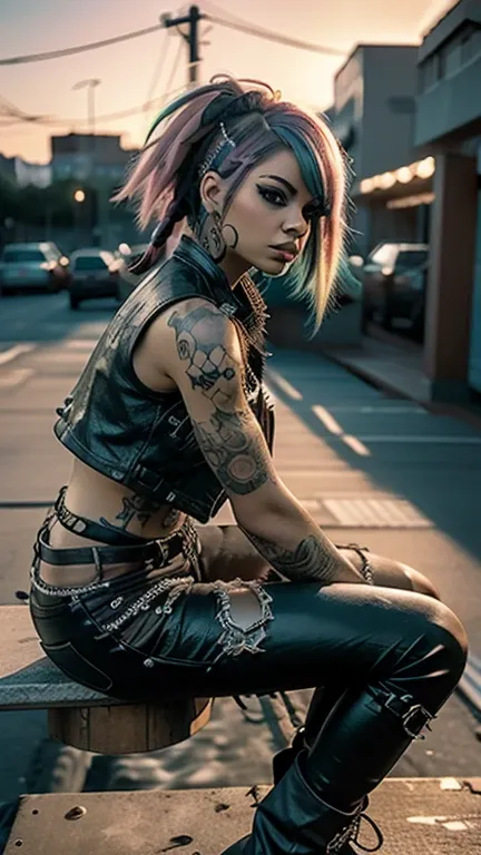 8k high resolution ultra detailed photography of a 35 year old punk woman with rainbow hair, 35 year old punk woman wears a cropped leather vest with tiger skin and jeans shorts with sexy leather chaps and cowboy boots, woman sits in full body pose on a wo...