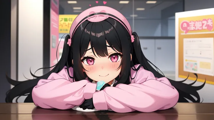 One girl,Black Hair,Pink eyes,(blush:1.1)、Embarrassed face、 ((Heavy breathing:1.3)), like,  smile、Big Breasts、whole body,Im eating ice cream,Sexy pose