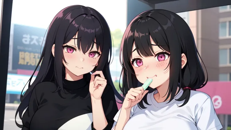 One girl,Black Hair,Pink eyes,(blush:1.1)、Embarrassed face、 ((Heavy breathing:1.3)), like,  smile、Big Breasts、whole body,Im eating ice cream,Sexy pose