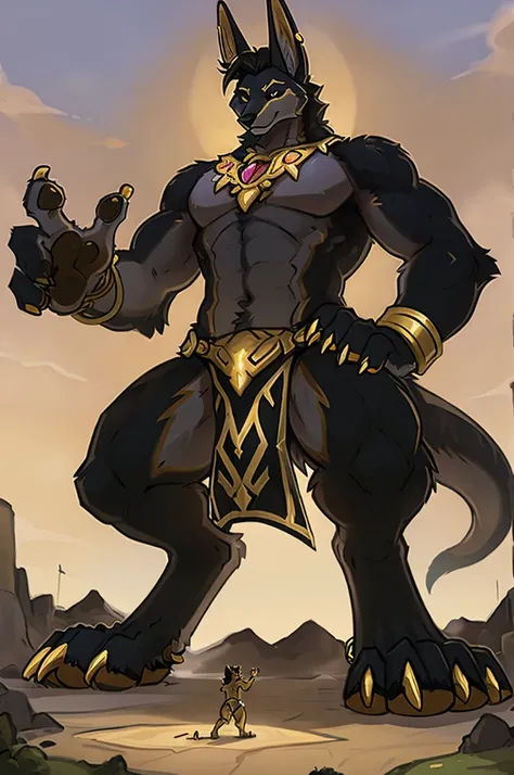 birds-eye view, macro furry,anthro,
Jackal, jackal ears,jackal tail, dark black fur, short wavy hair, hair covering one eye, black sclera, gold pupil, pawpads, gold pawpads, tall, handsome, sexy, slim, twink, femboy, standing over a tiny continent on earth...