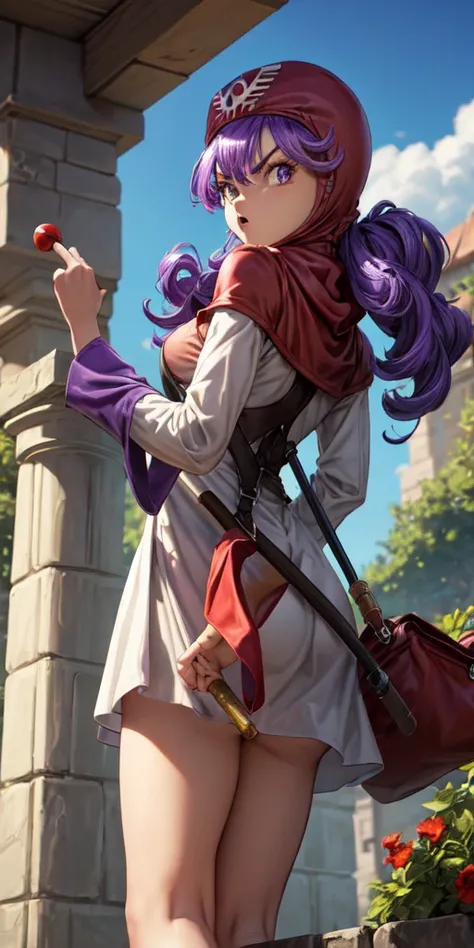 masterpiece, best quality, dqPom, red hood, purple hair, robe, cowboy shot, standing, holding staff, sky, garden, looking at viewer, from below, angry 