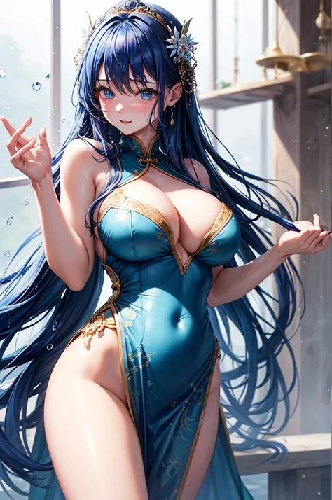 She is touching her clit in her Chinese dress、8K、、Highest quality、Tabletop、Ultra HD、Ultra-detailed、so beautiful、Ultra-detailed髪質、so beautiful、Portrait、Esbian all over、Captivating look、Beautiful woman、Long Blue Hair、blue eyes、Glowing Skin、bursting breasts、V...