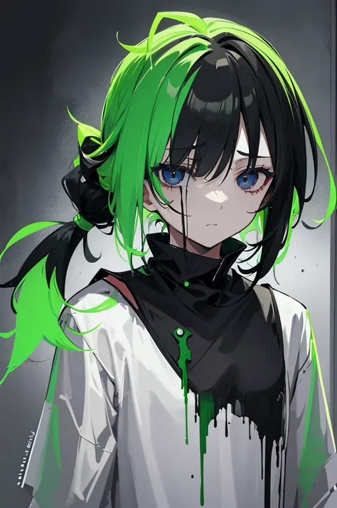 Fluorescent green very short ponytail , black eye, severe dark circles , droopy eyes , hospital patient clothes, psychopath , experiment , experiment체 ,Timid , dependent , heartless , night background , dark , Hikikomori , genderless , masculine , boy , ma...