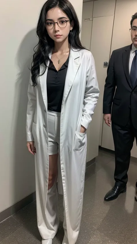 Brazilian female character with medium and wavy black hair, who wears formal forensic clothing and round glasses, thin and medium chest full body dressed