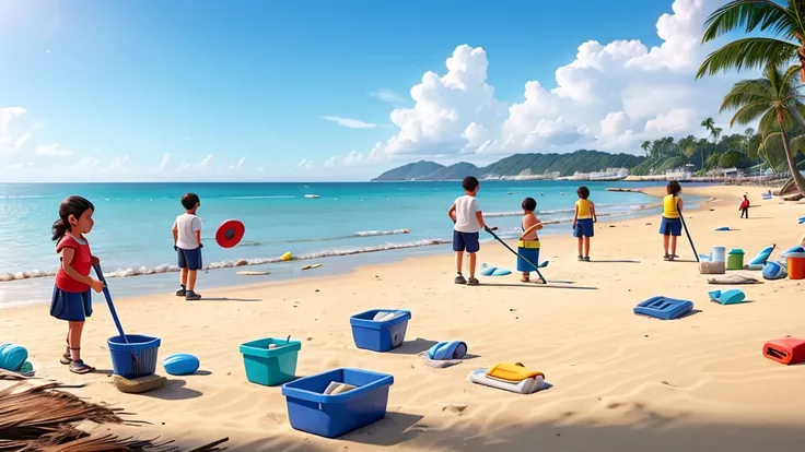 a small group of people are cleaning a dirty beach.  There is rubbish spread all over the sand and people are collecting the rubbish.