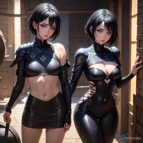 1girl!!!, short bob hair, black hair, small breasts!!, blue eyes, fair skin, bored face, sexy tight black ninja outfit, bare arms, bare legs, full body, full body, medieval japanese town, very sexy body, detailed face, beautiful detailed eyes, beautiful de...