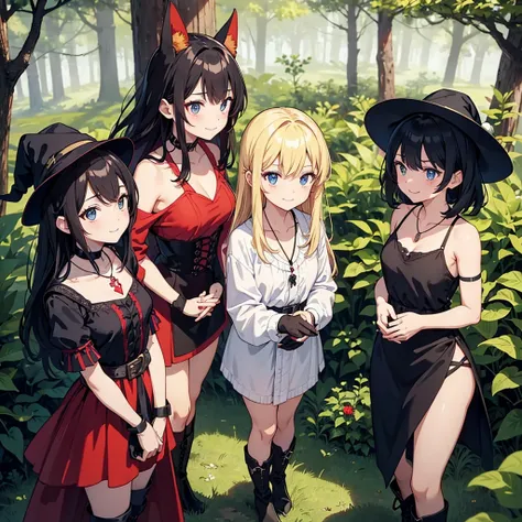 a group of beautiful witch girls in the middle of a forest in the night, tribal tattoo , red and black hair , standing girl young girl, gloves, elbow pads, boots, smiles, witch hat , small breasts, short black dress, necklaces, jewelry decorations , black ...