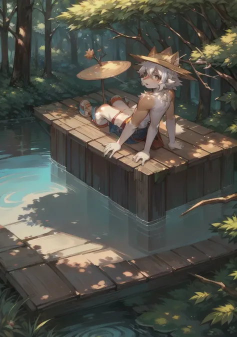 Fluffy, Fox man, Wearing a straw hat, Cute face, Brown hair, White hair on chest, forest, Creek, sandals, shorts, No top, lol，Stick your butt out，back