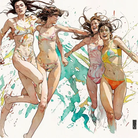 watercolor drawing in Retro-Look, white background, two naked woman runing fast, a skinny and a fat female with shaved pussy, full frontal body view, full body view, highly detailed linework reminiscent of Carne Griffiths, imbued with Wadim Kashims bold co...