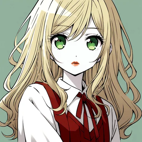 Female young character with drawing style by Ai Yazawa (Creator of Mangas like Nana or Paradise Kiss) with long straight blonde hair, Reddish lips, grayish green eyes, white clothes, pale skin and slim build.