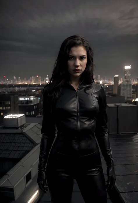 (the most realistic, high quality) representation of cassie clark as cassie clark (wearing black suit), standing on a roof with the city skyline behind them, with a film noir vibe and a gritty atmosphere, capturing their heroic and daring personalities.