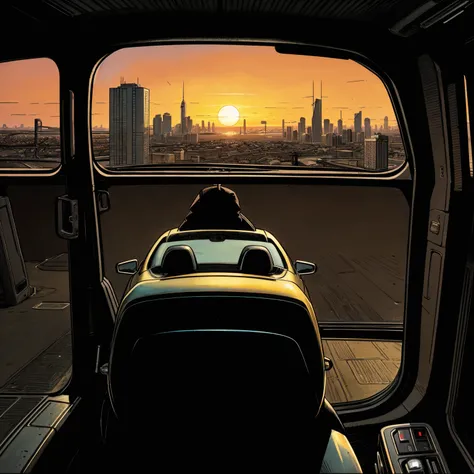 realistic illustration, sunset, cyberpunk city,  (hip hop style), intricate details, cinematic, (in a muscle car), (car window looking out  with city view), (in a car looking out)