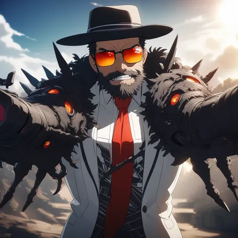 homen,slim and defined body,long messy hair,white suit,red necktie,black hat,sunglasses,scruffy beard,black gloves,stressed smile,Anime traits inspired by ONE PIECE,bathed in dramatic,Amazing lighting,infused with creative details,ultra-thin 2D drawing,inc...