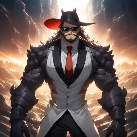 homen,slim and defined body,long messy hair,white suit,red necktie,black hat,sunglasses,scruffy beard,black gloves,stressed smile,Anime traits inspired by ONE PIECE,bathed in dramatic,Amazing lighting,infused with creative details,ultra-thin 2D drawing,inc...