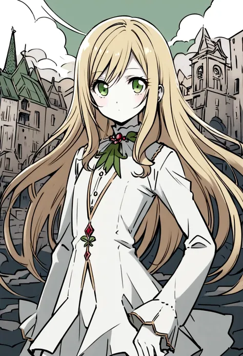 Female young character with drawing style by Ai Yazawa (Creator of Mangas like Nana or Paradise Kiss) with long straight blonde hair, grayish green eyes, white clothes, pale skin and slim build.