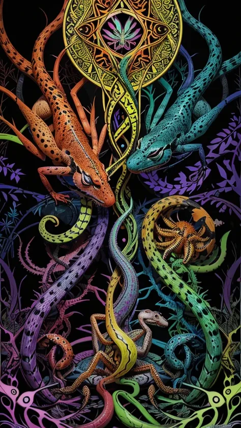 "Create a picture of various poisonous animals, using vibrant colors and abstract patterns. Image must include snakes, spiders, scorpions, poisonous frogs and jellyfish, all stylized with geometric shapes and psychedelic patterns. Use an intense and contra...