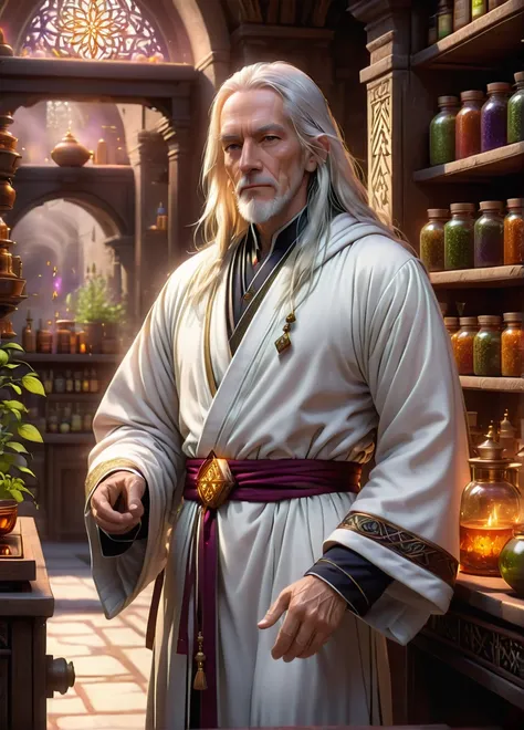 alchemist, (old slim male: 1.5), (white long hair: 1.1), (serious calm look: 1.5), skinny, arcana symbols and patterns, (white robe: 1.5), alchemy shop with herbs and potions, brewing potion, full shot, ((looking at viewer:1.2), (from side:0.8)), athletic,...