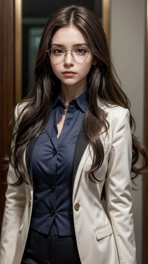 female brazilian game character, who wears formal clothes working in criminal forensics, round glasses long wavy hair and brown eyes