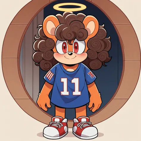 score_9, score_8_up, mobian, solo, hedgehog, two-tone fur ((orange fur, brown fur)), wearing an Oversized American Football shirt,  stepping out of a Bentley, two-tone hair (brown hair, black tip)), curly hair, halo, sunglasses, jewelry, red eyes, longeyel...