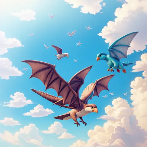 A drawing of a bird flying with a dragon in the clouds