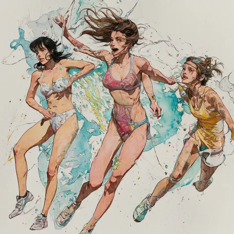 watercolor drawing in Retro-Look, white background, two naked woman runing fast, a skinny and a fat female with shaved pussy, full frontal body view, full body view, highly detailed linework reminiscent of Carne Griffiths, imbued with Wadim Kashims bold co...