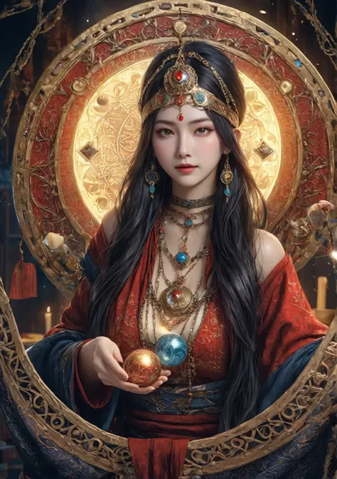 Best image quality, 4K or 8K resolution. Extremely detailed and realistic, Almost photorealistic. Female fortune teller. Body and face orientation: front. Charm, Beautiful and mysterious.onmyoji，Metal Photo Frame，card，tarot cards：1.37.A mysterious hooded f...