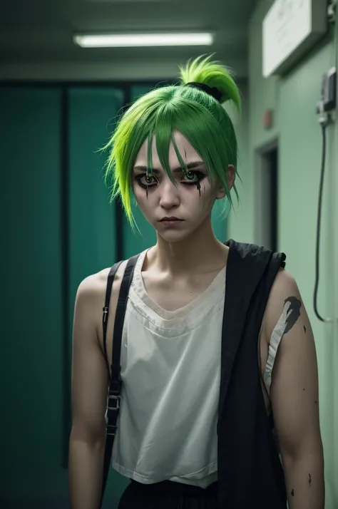 fluorescent green hair, Very short ponytail tied down , black eye, severe dark circles , droopy eyes , hospital patient clothes, psychopath , experiment , experiment체 ,Timid , dependent , heartless , night background , dark , Hikikomori , genderless , masc...