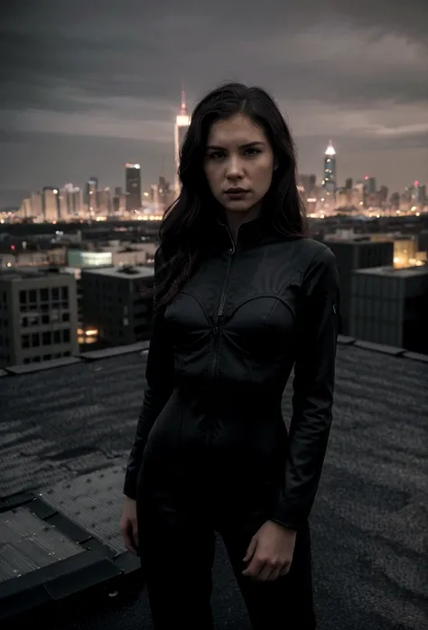 (the most realistic, high quality) representation of cassie clark as cassie clark (wearing black suit), standing on a roof with the city skyline behind them, with a film noir vibe and a gritty atmosphere, capturing their heroic and daring personalities.