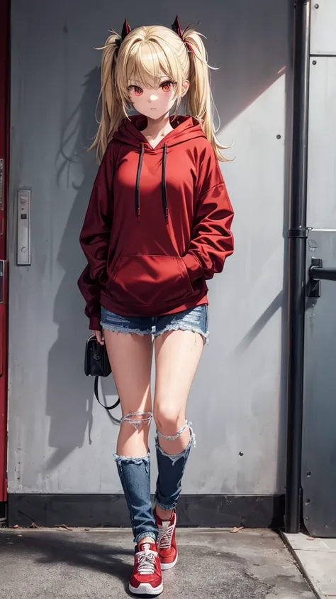 solo, 1 girls, blonde, twin tail hari, ripped jeans, long jeans, black and red hoodie, oversized hoodie, red and black hoodie, shoes sport