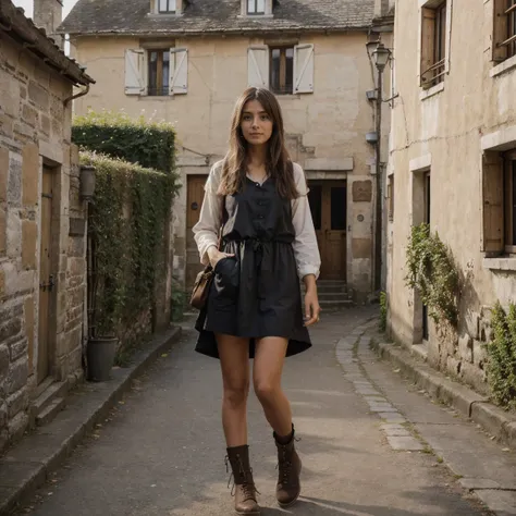 Lucie vue de dos, dans un village, le soir, holding my hand, large poitrine