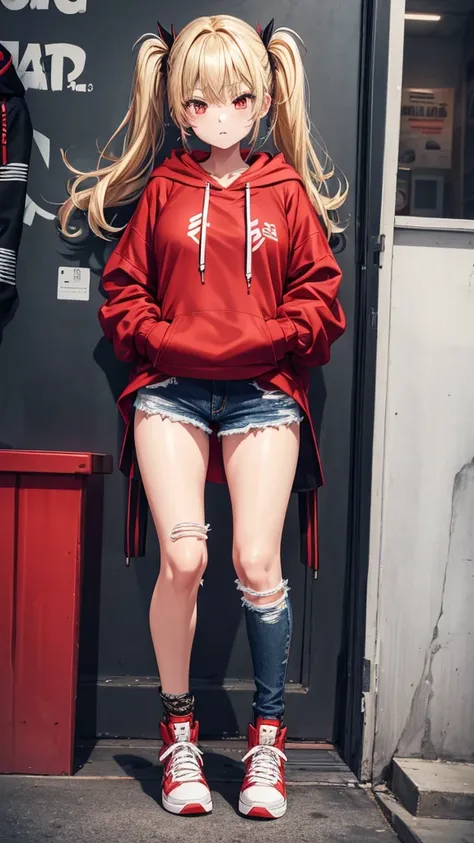 solo, 1 girls, blonde, twin tail hari, ripped jeans, long jeans, black and red hoodie, oversized hoodie, red and black hoodie, shoes sport