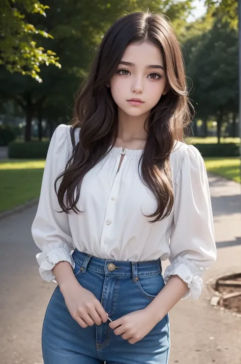 Make a 15 year old, She is white, with dark brown wavy hair, brown dark eyes, She is pretty and wears eyeliner, and is wearing a blue blouse and is wearing jeans in a park at night, do it in DARK FANTASY 1970 style